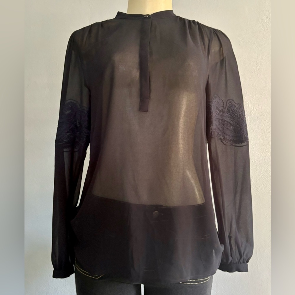 Michael Kors Sheer Blouse size S Black Long Sleeves with Brocade detail.
